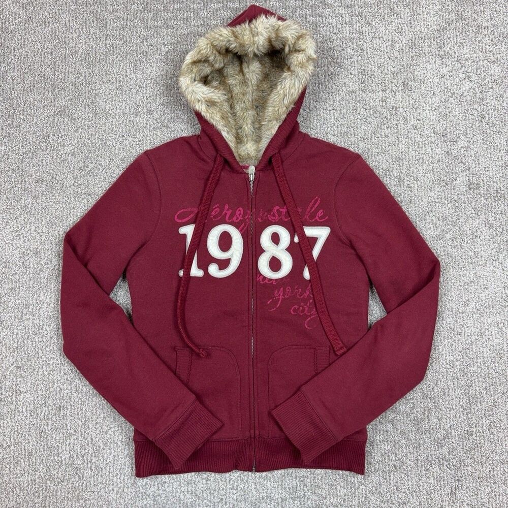 Aeropostale Hoodie Juniors Medium Red Faux Fur Lined Full Zip Sweatshirt Y2K VTG